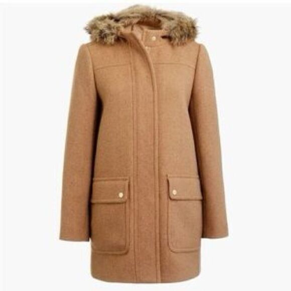 J. Crew Vail Parka Faux Fur Trim Hood Wool Blend Acorn Tan Hooded Coat - Picture 3 of 15